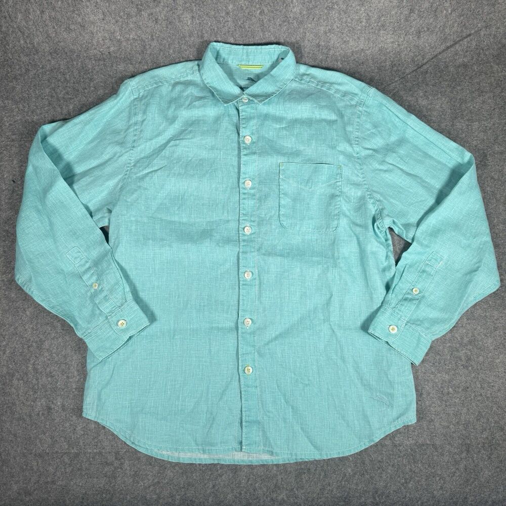 Tommy Bahama Shirt Men's Large Blue 100% Linen Casual Lightweight Breathable